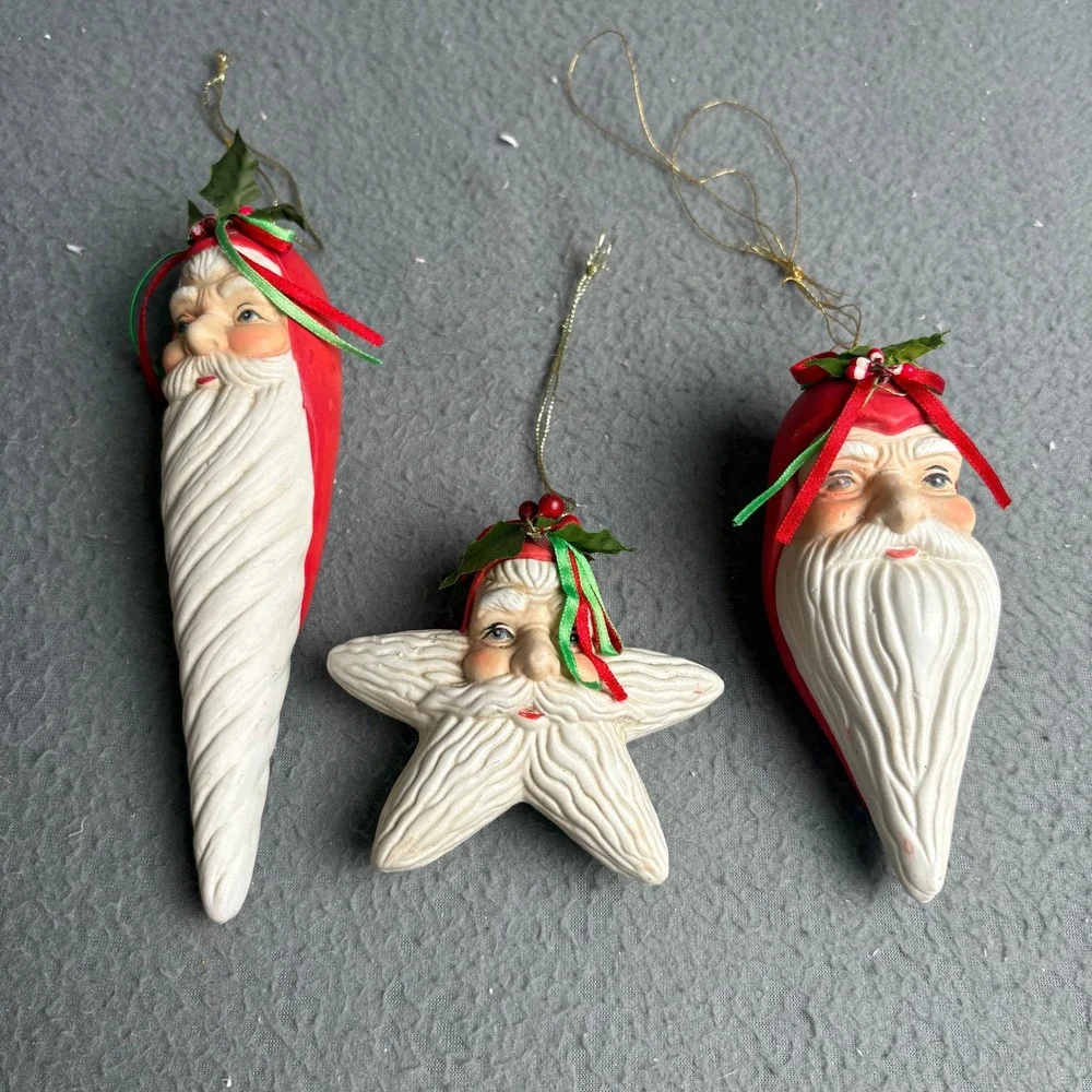 Vintage Old World Bisque Ceramic Santa Claus Face Ornaments Set of 3 80s 90s